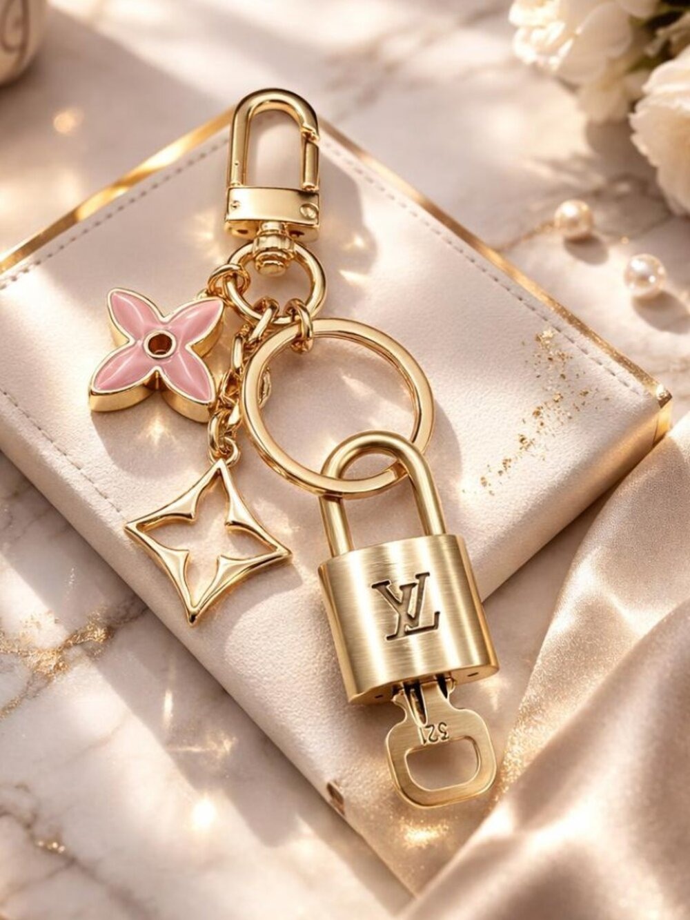 Authentic Louis Vuitton Gold Lock & Key ✨ Unbranded Flower Bag Charm Keychain
